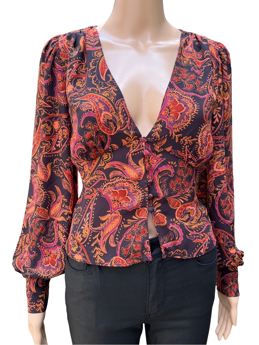 Dynamite Paisley Bishop Sleeve Button Front Blouse XS